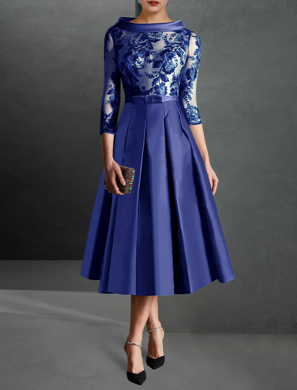 Luolandi A-Line Cocktail Dress Christmas Red Green Dresses Formal Kentucky Derby Tea Length 3/4 Length Sleeve Jewel Neck Fall Wedding Guest Satin with Pleats Mother of the Bride Dress